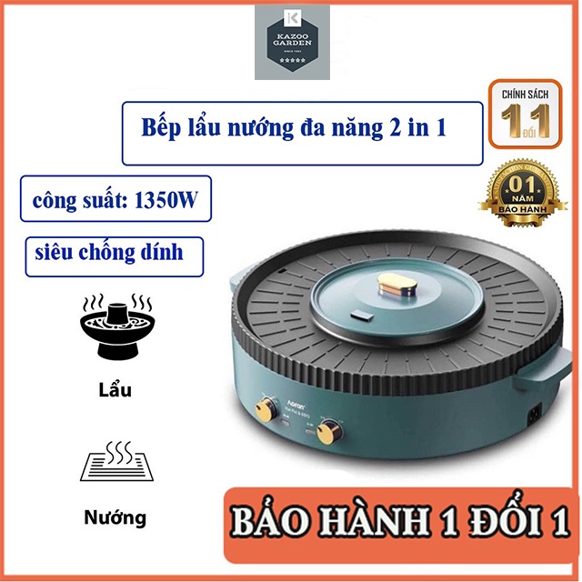 Nồi Lẩu Nướng Tròn NINESHIELD 2 in 1 Tiện Lợi Dùng Cho 3-5 Người Ăn Bếp Lẩu Nướng 2 Núm Vặn Điều Khiển Tách Biệt