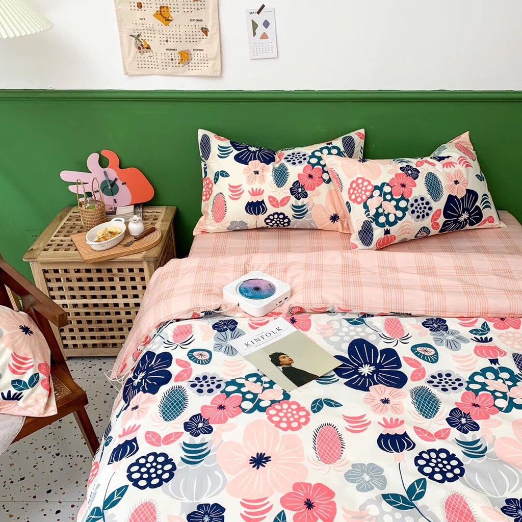 Set chăn ga gối cotton hoa kẻ