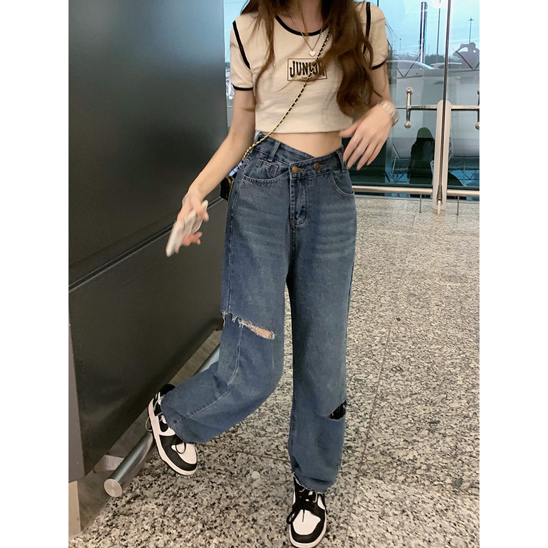 Quần jean nữ lưng cao thiết kế kiểu rách cá tính