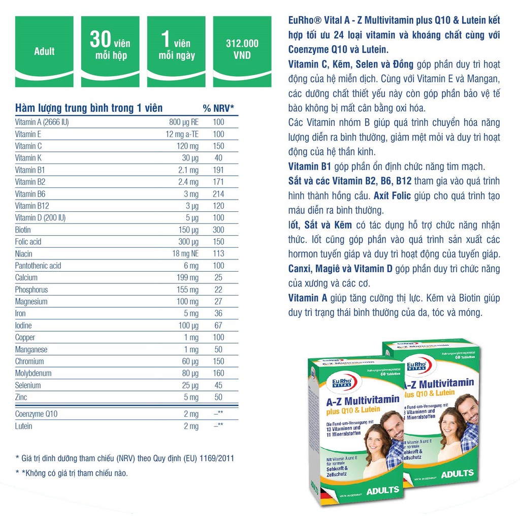 Thực phẩm bổ sung đa vitamin EuRho Vital A-Z Multivitamin Plus Q10 & Lutein | BigBuy360 - bigbuy360.vn