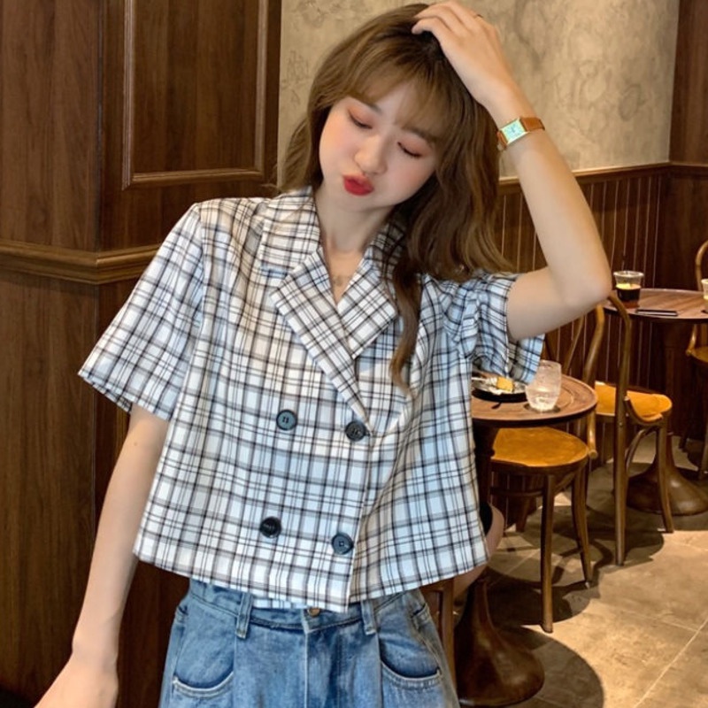 Áo Sơ Mi Tay Ngắn Kẻ Sọc Caro Phong Cách Hàn Quốc 185269 Áo Sơ Mi Ngắn Cổ Bẻ Thời Trang Mùa Hè
