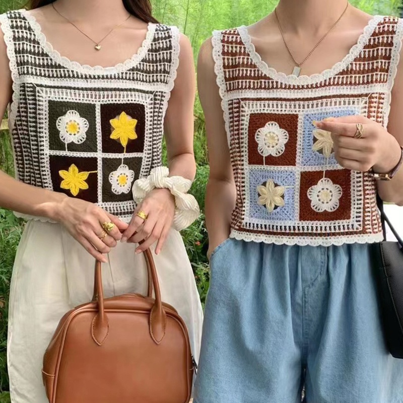 Áo Crop Top Dệt Kim Không Tay Thêu Hoa Màu Sắc Tương Phản Thời Trang Mùa Hè Cho Nữ