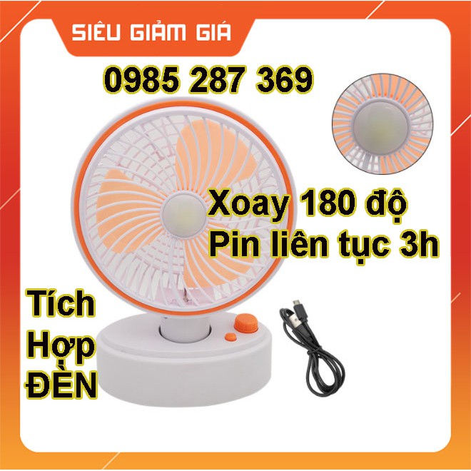 Quạt tích điện mini để bàn, Xoay 180 độ, sử dụng pin liên tục 3h. Tích hợp đèn LED 2 trong 1