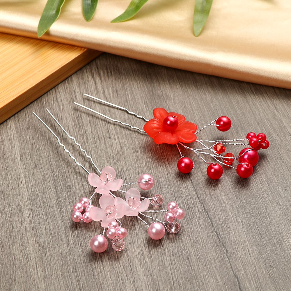 Trâm cài tóc cô dâu hình cành hoa kiểu chữ U đính đá/ ngọc trai giả sang trọng