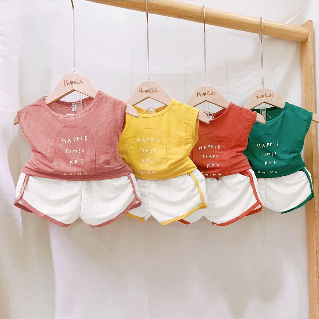 Đồ bộ quần áo ba lỗ cho bé chất cotton đũi hoạt tiết happie chạy viền quần QATE551