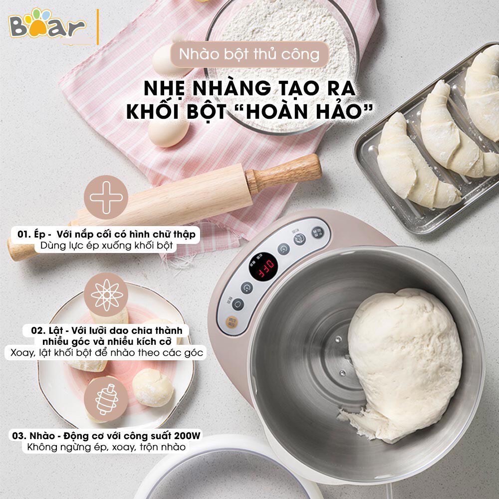 Máy Nhào Bột, Máy Nhồi Bột Tự Động Bear 5L, 2 chế độ trộn và ủ, đảo đều đa góc, hẹn giờ tự động - LB1910213