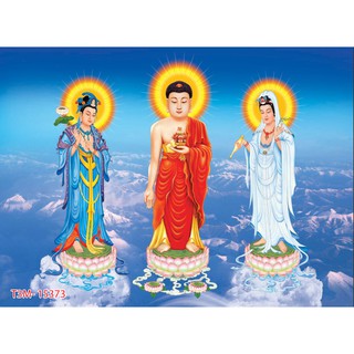 Tranh dán tường 3D tây phương tam thánh - vải lụa kim tuyến
