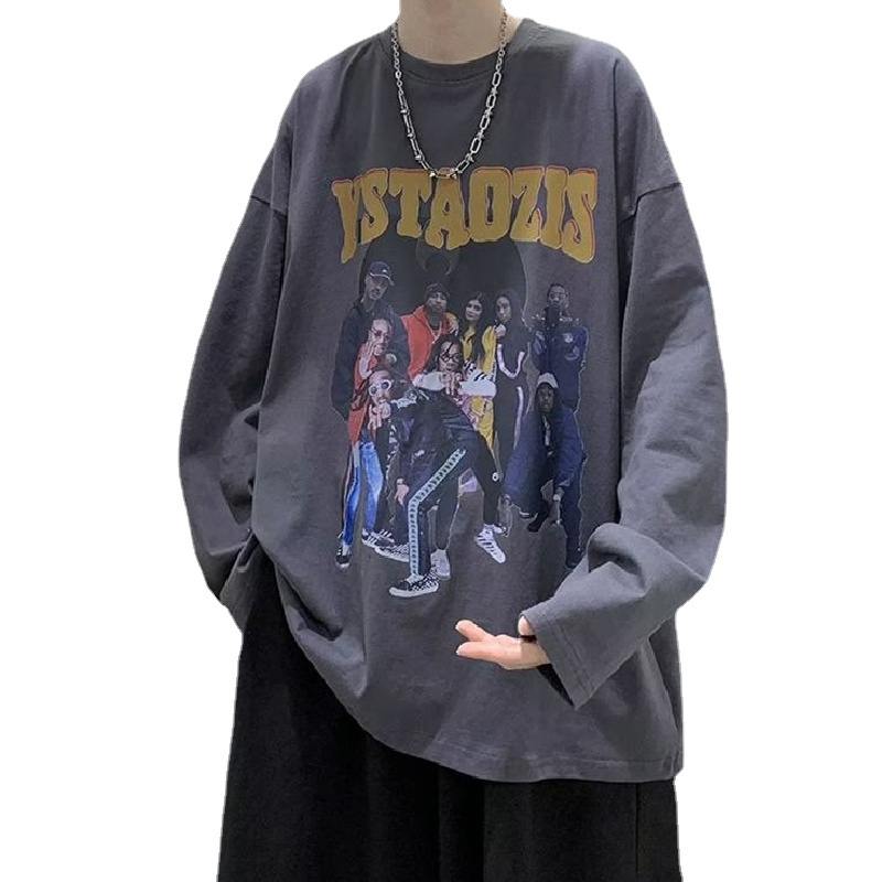 Áo Thun Tay Dài Cổ Thuyền Dáng Rộng In Chữ Hoạt Hình Phong Cách Hàn Quốc Thời Trang Cho Nam Và Nữ Size M-5XL