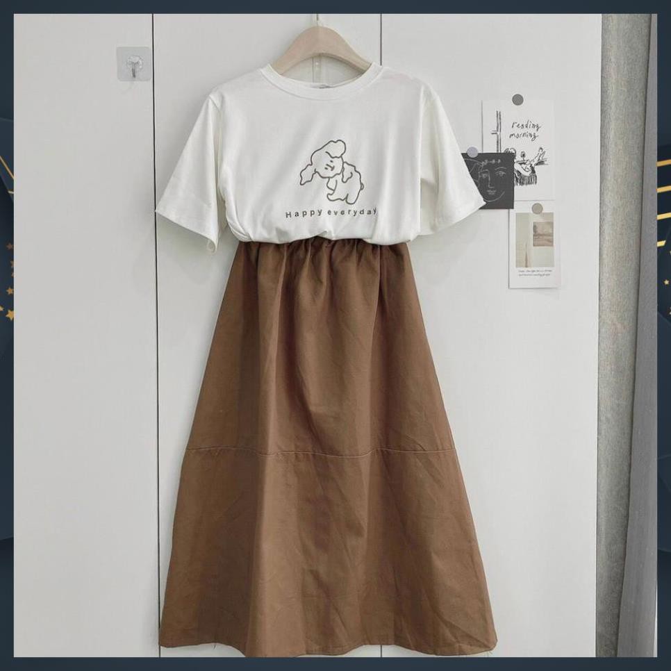 Set Bộ Áo Thun Mix  Chân Váy Nâu Cạp Chun Hàng QC Loại 1 | BigBuy360 - bigbuy360.vn