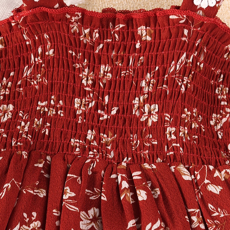 Đầm SIYYIS dáng xòe chữ A vải voan in hoa màu đỏ dành cho bé gái 2-6 tuổi