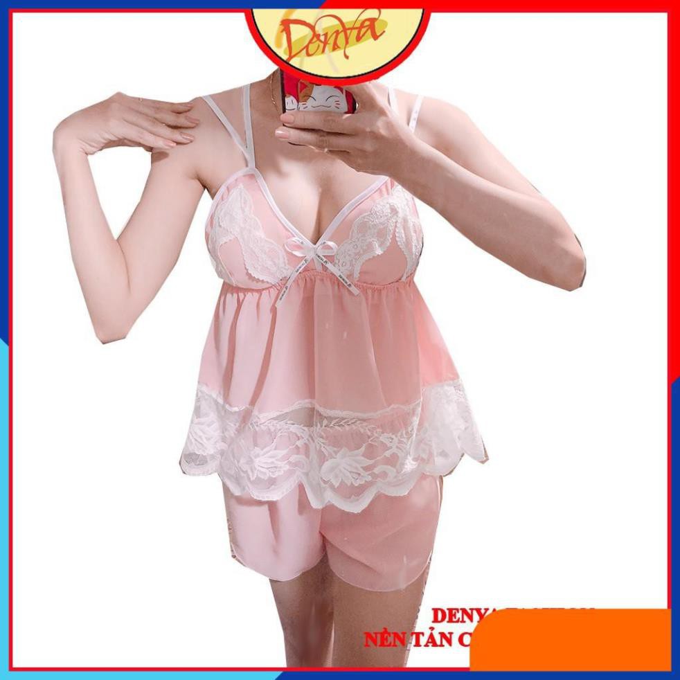 [Freeship toàn quốc] Đồ ngủ gợi cảm sexy với chất voan Thái, áo 4 dây kết hợp bèo ren hình chiếc lá lạ mắt, DN18