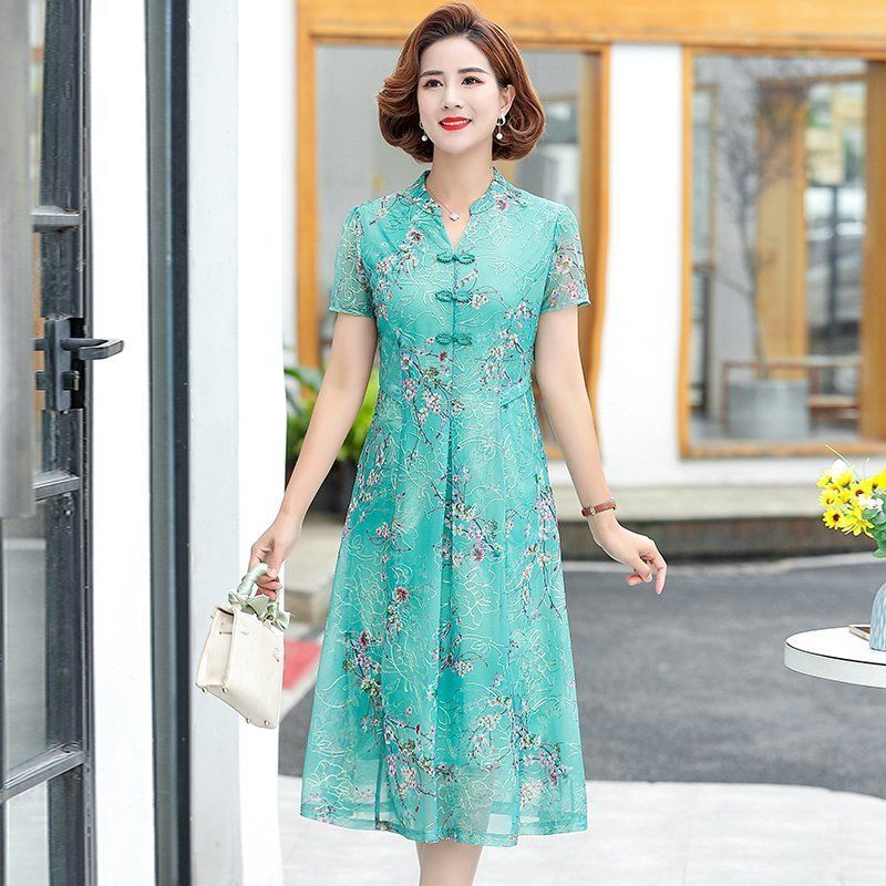 Đầm Sườn Xám Cách Tân Tay Ngắn Phong Cách Phương Tây Thời Trang Mùa Hè Mới Cho Phụ Nữ Trung Niên