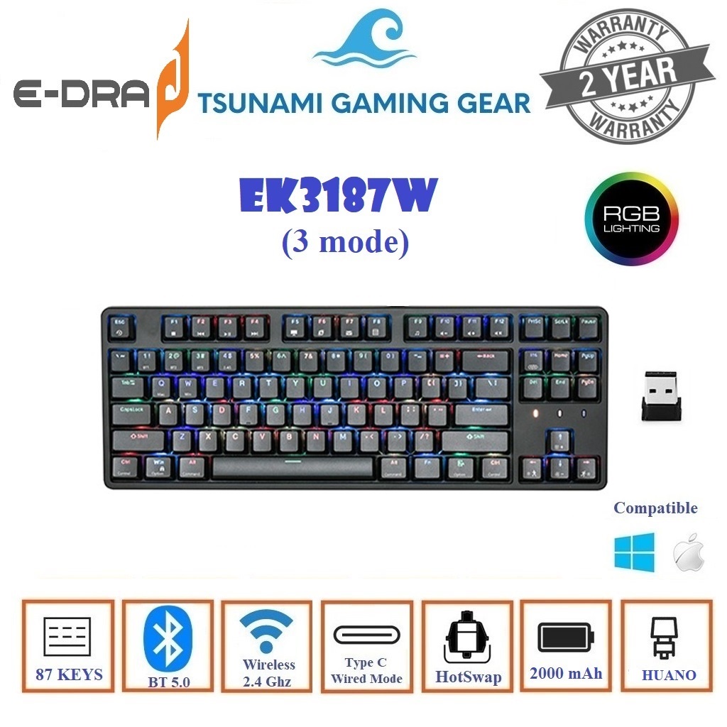 àn phím cơ không dây Edra EK3187W RGB Kết nối Bluetooth/ Wireless 2.4Ghz và Dây TypeC