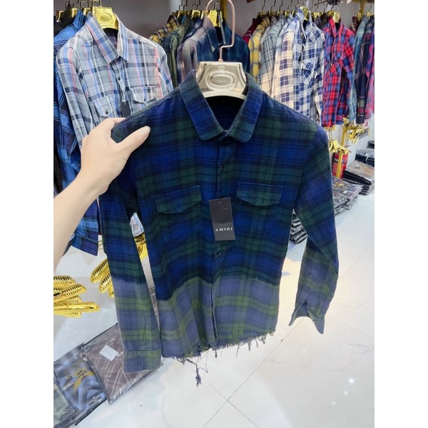 Áo sơ mi nam bbr rách gấu loang màu tay dài kẻ sọc caro chất liệu cotton không phai màu thấm hút mồ hôi