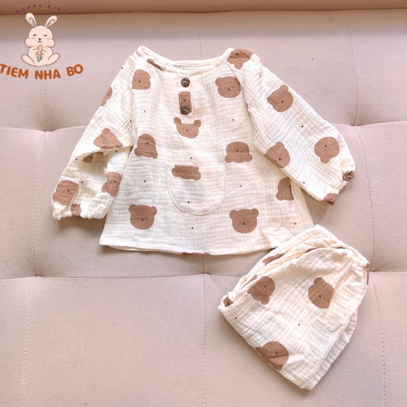 Bộ quần áo dài tay thu đông cho bé trai bé gái, bộ quần áo trẻ em mặc nhà vải xô muslin cho bé từ 5-15kg TNB