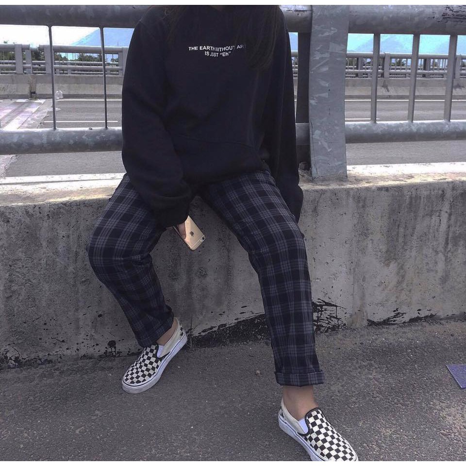 Quần caro xanh đen UNISEX 5theway - Quần baggy ca rô - Plaid Pants Xám đen ảnh thật