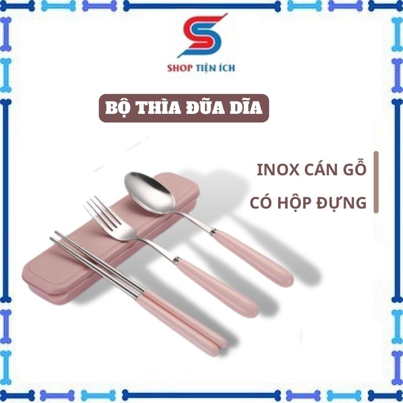 Bộ thìa đũa cá nhân bằng inox cán gỗ có hộp đựng -Shop Tiện Ích