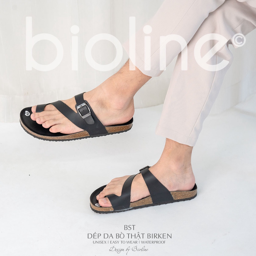 DK24-LÓT CHỐNG NƯỚC- Dép đế trấu Birken da bò thật nam nữ unisex xỏ ngón BIOLINE