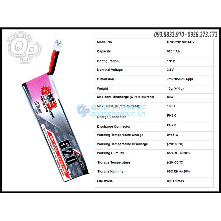 Pin GNB 1S -520mAh -80C