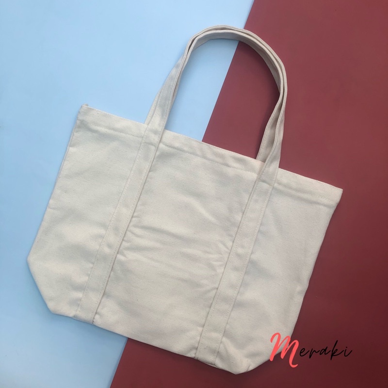 Túi Tote Vải Canvas Màu Cream Trơn Hai Dây Ngoài Form To (Có khóa kéo và túi trong)