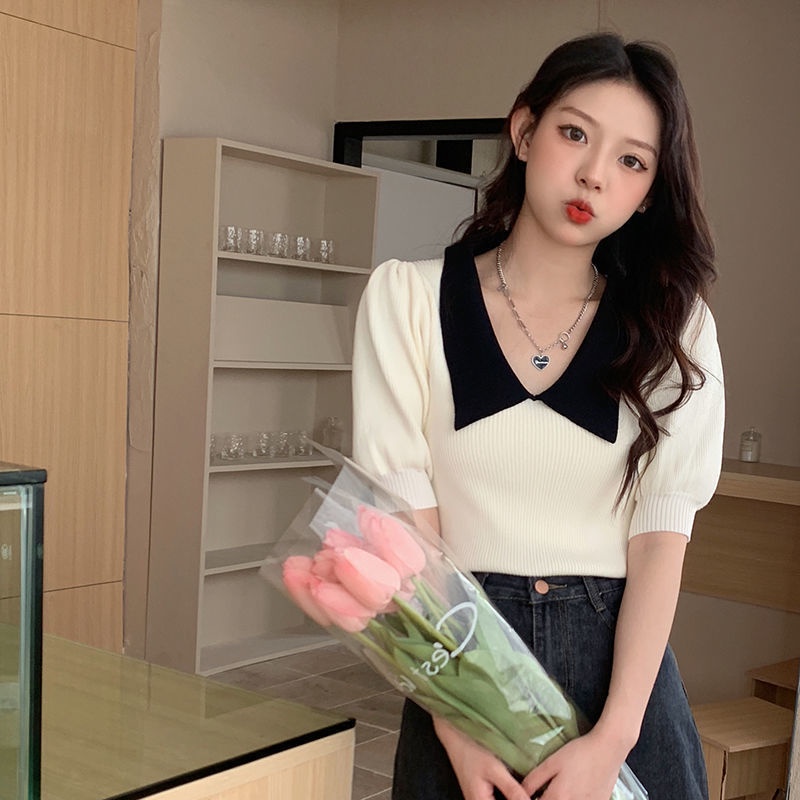 Áo len tay ngắn dệt kim cổ búp bê nữ màu xanh lá cây phong cách Hàn Quốc