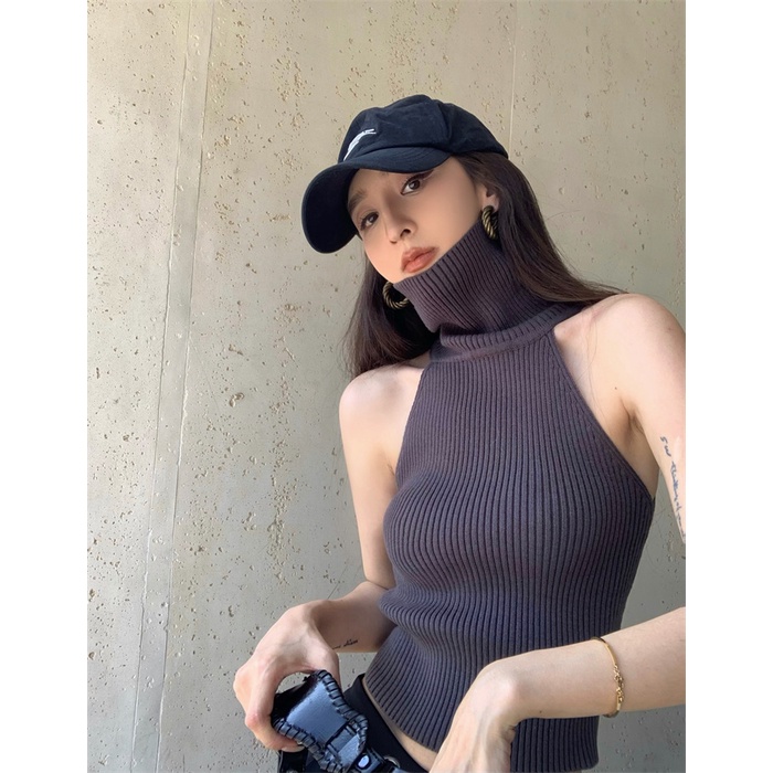 DUNEA Áo tank top dệt kim cổ lọ kiểu vintage Hàn Quốc xinh xắn cho nữ