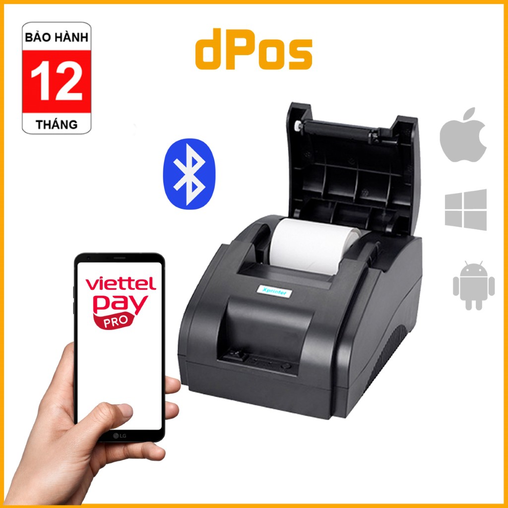 Máy in hóa đơn bluetooth Xprinter XP 58iih in bill thẻ nạp điện thoại từ ứng dụng Viettelpay Pro và Sapo