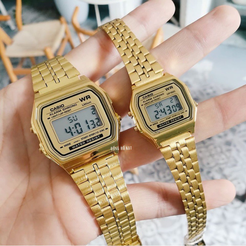 ĐỒNG HỒ ĐIỆN TỬ CASIO A159 MÀU VÀNG DÂY THÉP KHÔNG GỈ SIZE TO NHỎ NAM NỮ