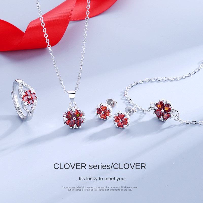 Bộ Vòng cổ + Bông Tai + Nhẫn Hình Cỏ Bốn Lá Đỏ Đính Đá Zircon Mới
