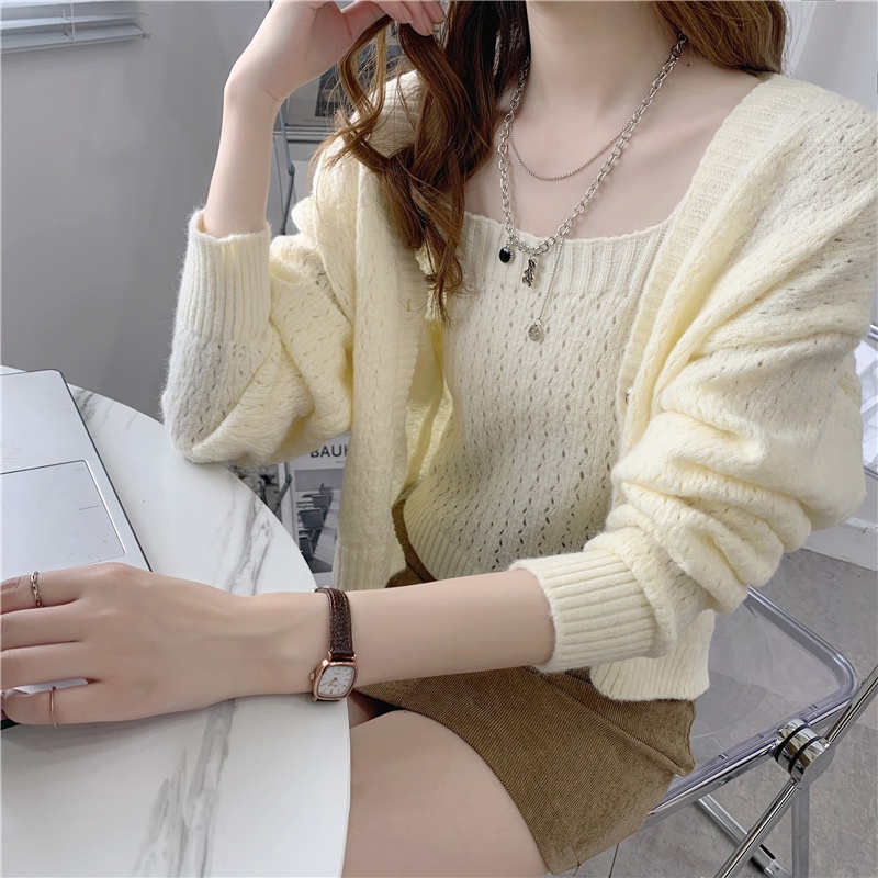 SUXI Set Áo Khoác Cardigan Và Áo Hai Dây Thiết Kế Mới Thời Trang Mùa Thu Dành Cho Nữ
