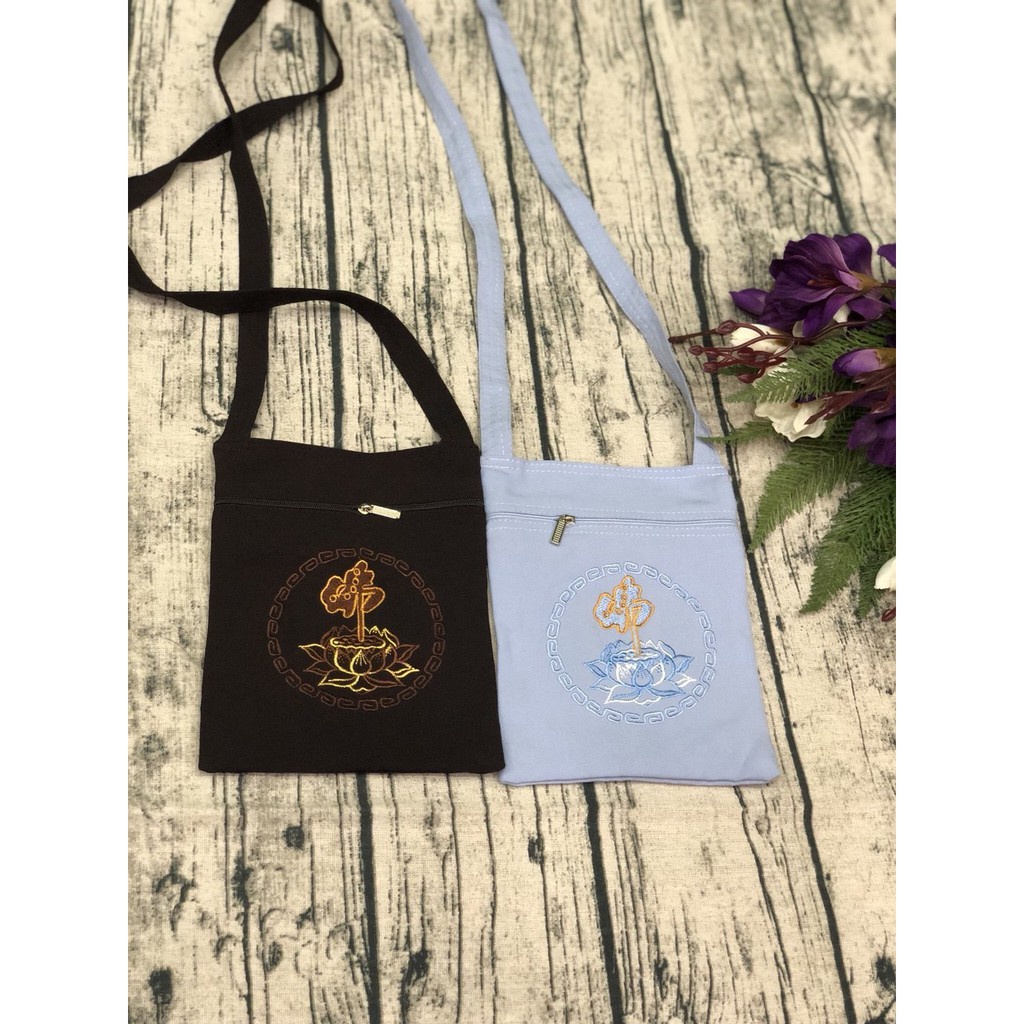 Túi đeo chéo Phật tử nữ - túi đi chùa thêu hoa sen kích thước 15x20cm nhiều ngăn tiện lợi # vải kaki