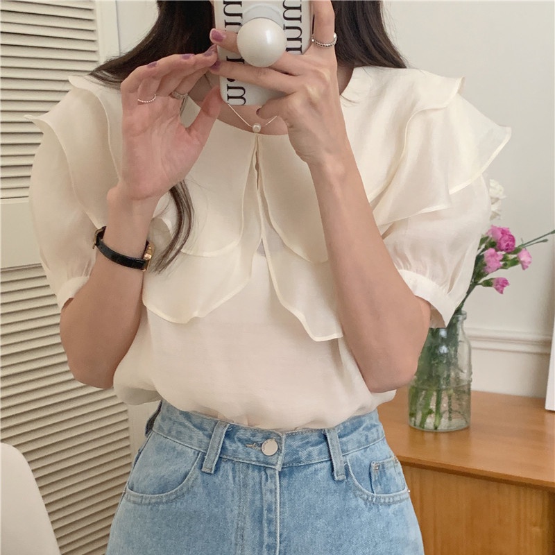 SUXI Áo Sơ Mi Tay Ngắn Dáng Rộng Cổ Bèo Màu Sắc Đơn Giản Phong Cách Hàn Quốc Thời Trang Mùa Hè