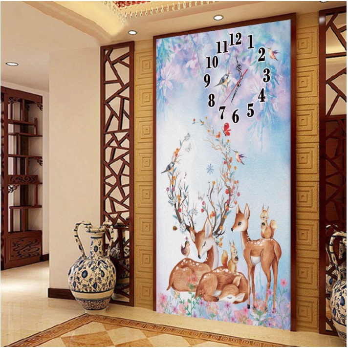 Tranh thêu đồng hồ hươu nai tài lộc E74 (45X65)-chưa thành phẩm