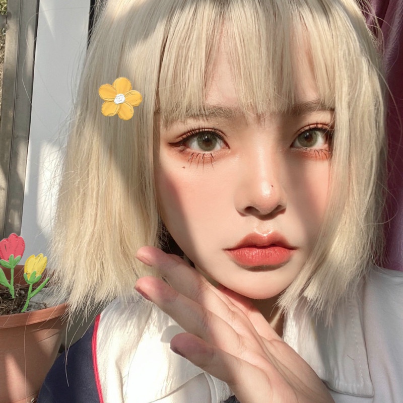Bộ tóc giả ngắn mái ngang nhuộm màu vàng trắng họa tiết hoạt hình độc đáo cho nữ
