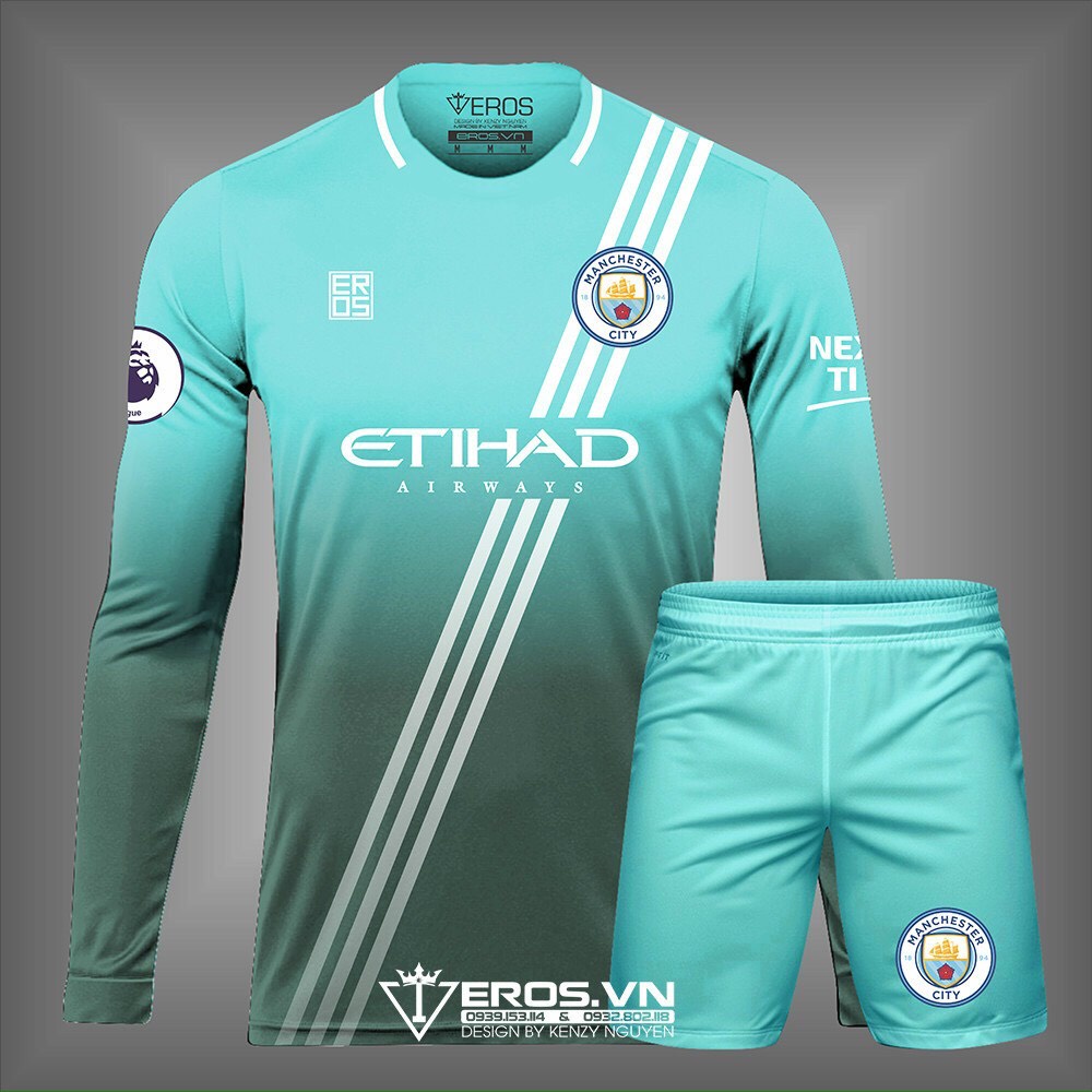 Bộ quần áo đá banh Man City MC xanh ngọc dài tay ErosDT02