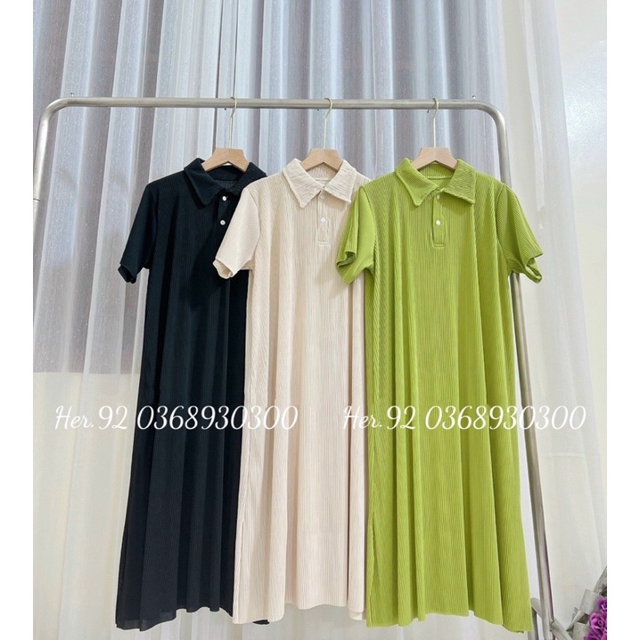 Đầm dáng suông cổ polo siêu xinh, Váy suông dáng dài chất tăm cổ bẻ