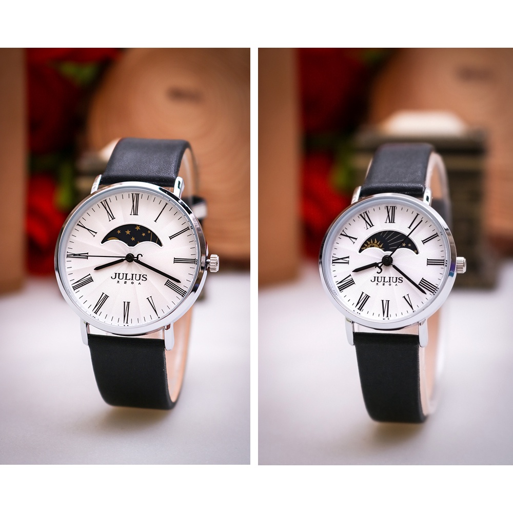 Đồng hồ đôi dây da Julius Ja-1308 (dây đen mặt trắng)