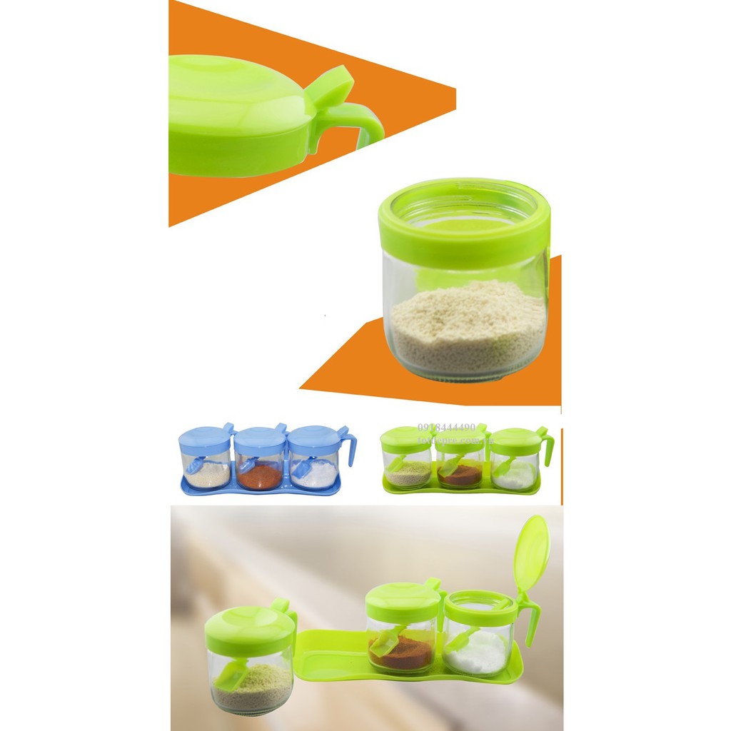 Set 3 lọ thủy tinh nắp nhựa đựng gia vị tiện dụng