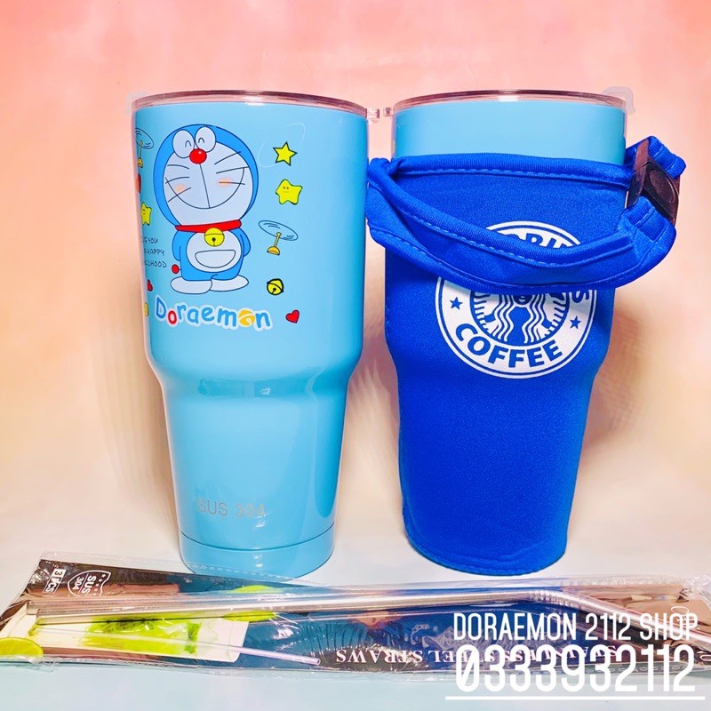 Combo ly giữ nhiệt DORAEMON (tặng kèm túi xách ly và bộ 2 ống hút inox và cọ rửa ống hút)