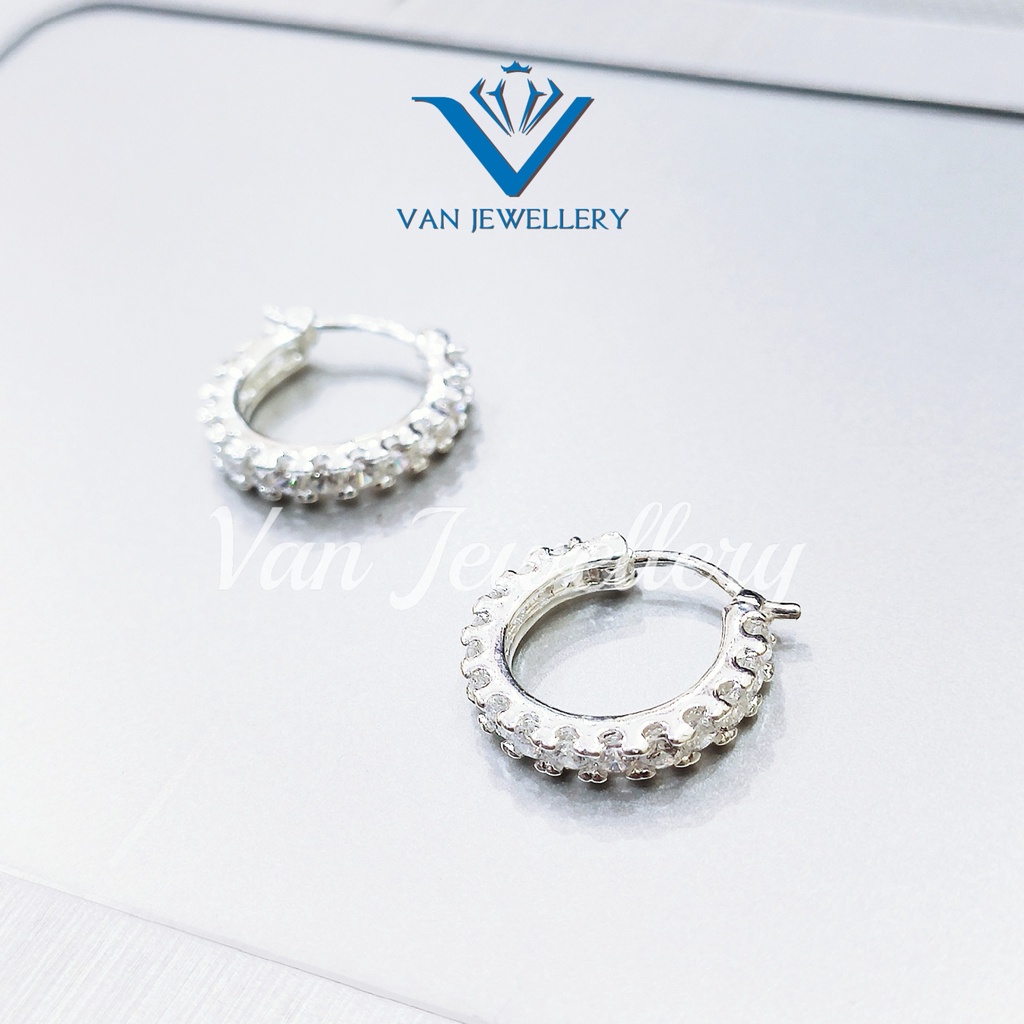 Khuyên tai bạc Khuyên tròn sát tai đính đá bạc ta Van Jewelry V10391 mẫu Full đá đường kính 15mm