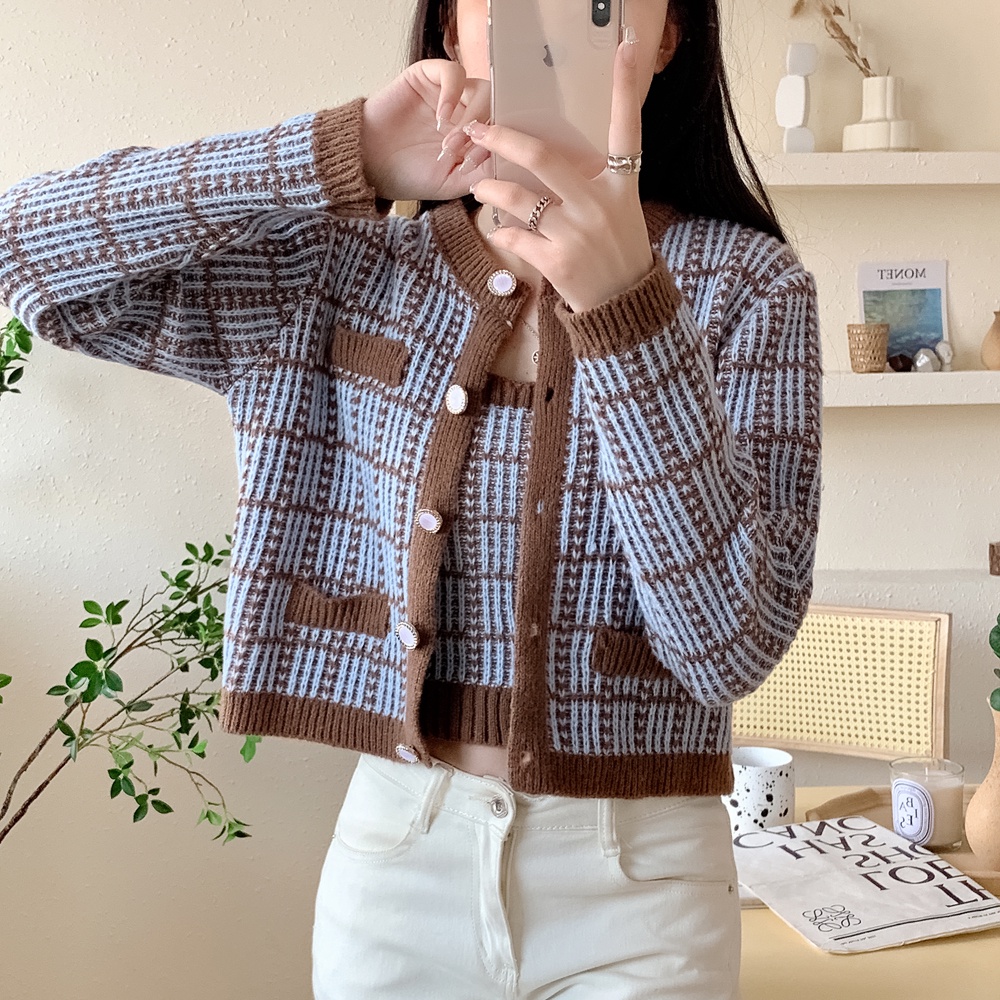 Bộ áo cardigan tay dài và áo croptop hai dây ZHELIHANGFEI dệt kim phong cách quyến rũ thanh lịch dành cho nữ