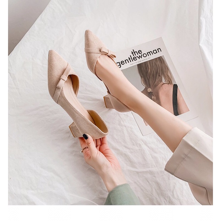 Giày cao gót nữ kiểu dáng khoét eo thanh lịch gót thô 6cm có gắn nơ mảnh - GI13 - Oula Store