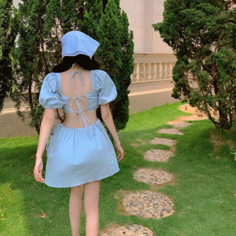 [Order] (7B) Váy đầm Hàn Quốc ôm dáng hở lưng thắt nơ loại đẹp màu xanh biển