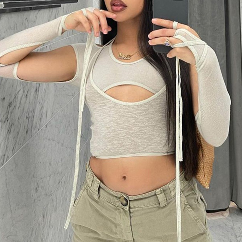 Bộ Áo Croptop Dài Tay 2 Dây + Áo Yếm Xinh Xắn Dành Cho Nữ