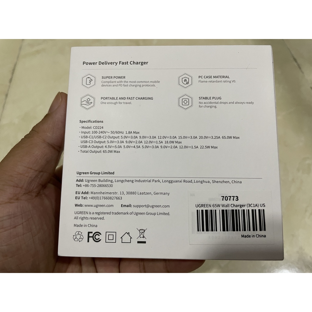 Cốc Sạc UG.REEN 65W GaN 4 Cổng Sạc Nhanh Power PD 3.0 Dành cho iPhone Samsung Macbook