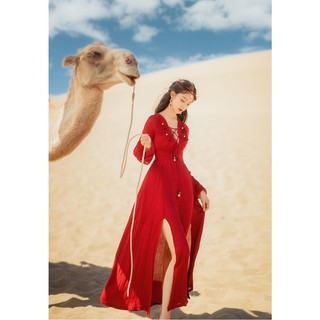 Váy maxi màu đỏ dáng dài xẻ tà đùi đính họa tiết boho - MS107 (Có ảnh thật)