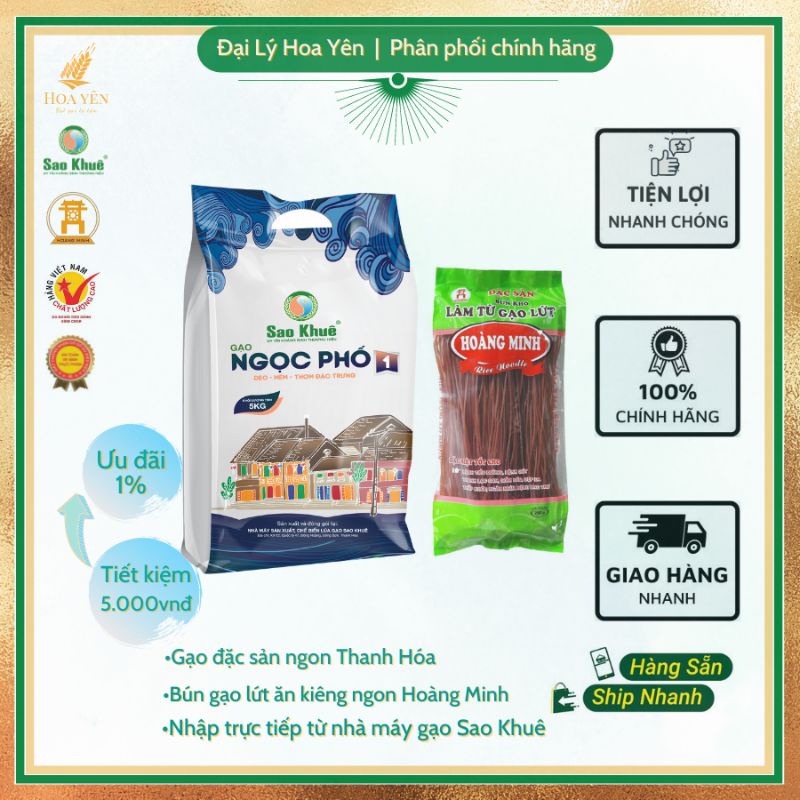 Combo Bún Gạo Lứt Ăn Kiêng Ngon Hoàng Minh Gạo Đặc Sản Ngọc Phố 1(Ngọc Phố 5kg+Mì 500gr) Gạo thượng hạng mì ngon tuyệt