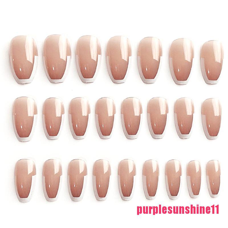 24pcs Press on Nails French Nude Natural Coffin UV Gel Nail Set Gold Glitt