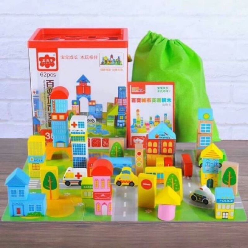 BỘ ĐỒ CHƠI MÔ HÌNH THÀNH PHỐ TƯƠNG LAI BẰNG GỖ 62 CHI TIẾT