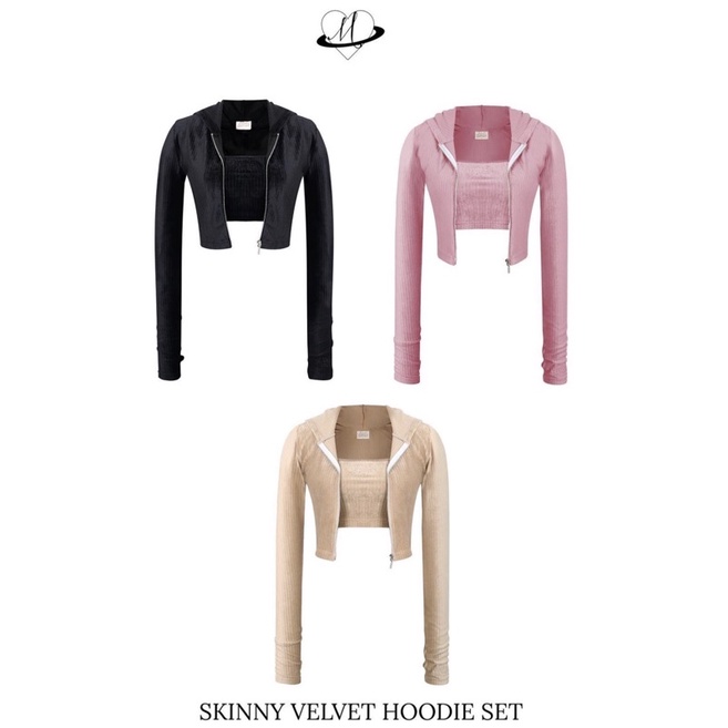 MOODSWINGS - Bộ áo khoác zip và áo dây ôm Skinny Velvet Hoodie Set
